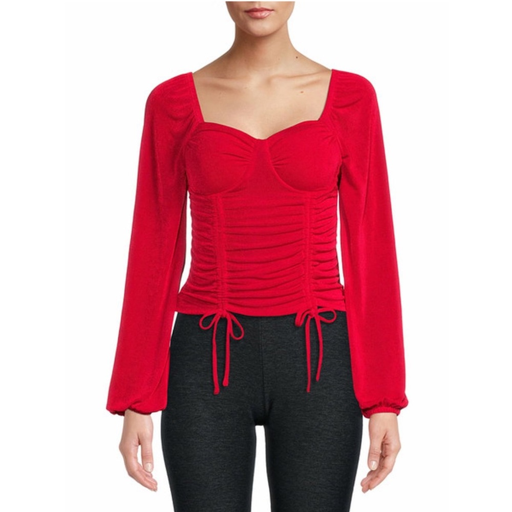 No Boundaries Red Ruched Tied Long Sleeve Bustier Peasant Blouse Top